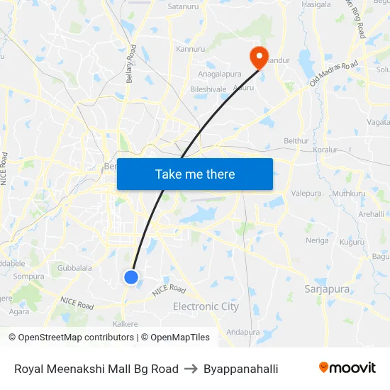 Royal Meenakshi Mall Bg Road to Byappanahalli map