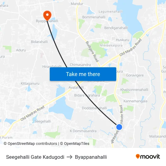 Seegehalli Gate Kadugodi to Byappanahalli map