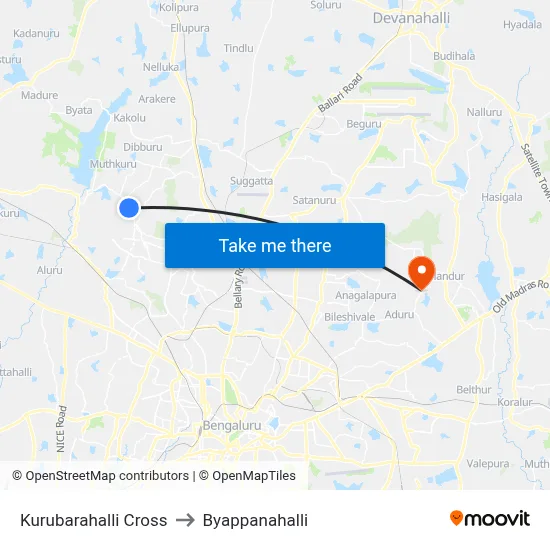 Kurubarahalli Cross to Byappanahalli map