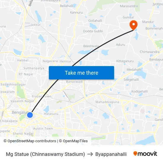 Mg Statue (Chinnaswamy Stadium) to Byappanahalli map