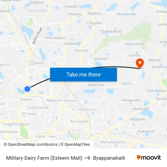 Military Dairy Farm (Esteem Mall) to Byappanahalli map