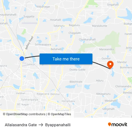 Allalasandra Gate to Byappanahalli map