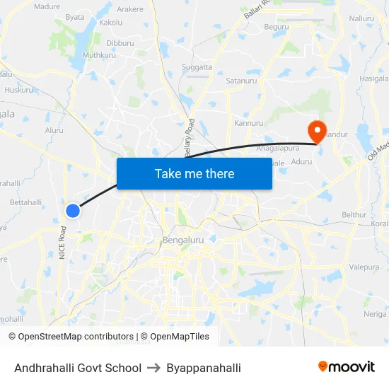 Andhrahalli Govt School to Byappanahalli map