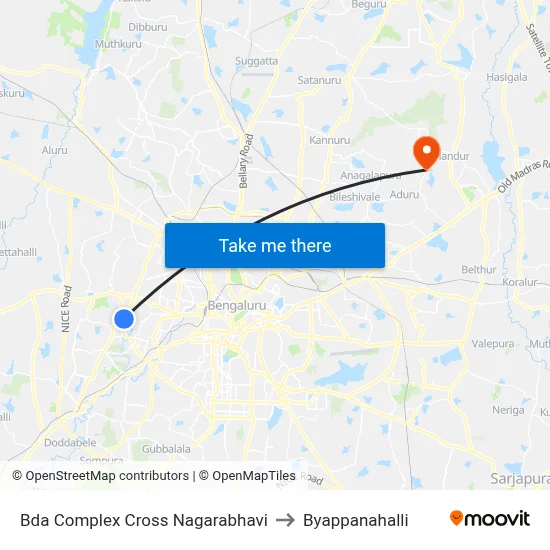 Bda Complex Cross Nagarabhavi to Byappanahalli map