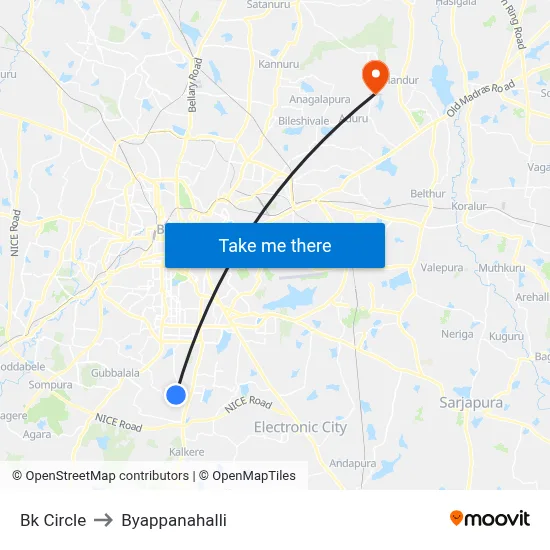 Bk Circle to Byappanahalli map