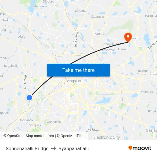 Sonnenahalli Bridge to Byappanahalli map
