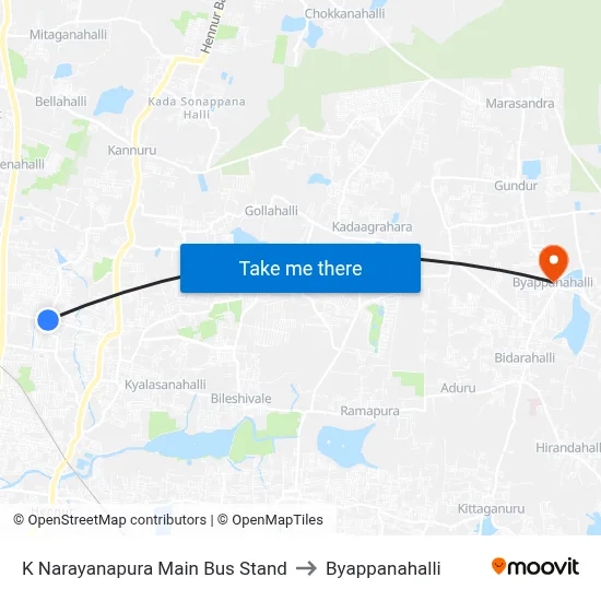 K Narayanapura Main Bus Stand to Byappanahalli map