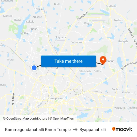 Kammagondanahalli Rama Temple to Byappanahalli map