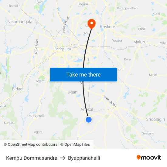 Kempu Dommasandra to Byappanahalli map