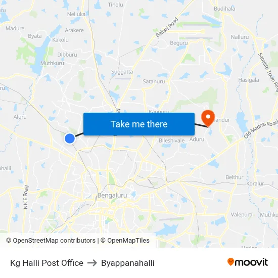 Kg Halli Post Office to Byappanahalli map