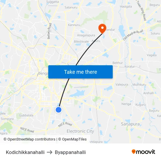 Kodichikkanahalli to Byappanahalli map