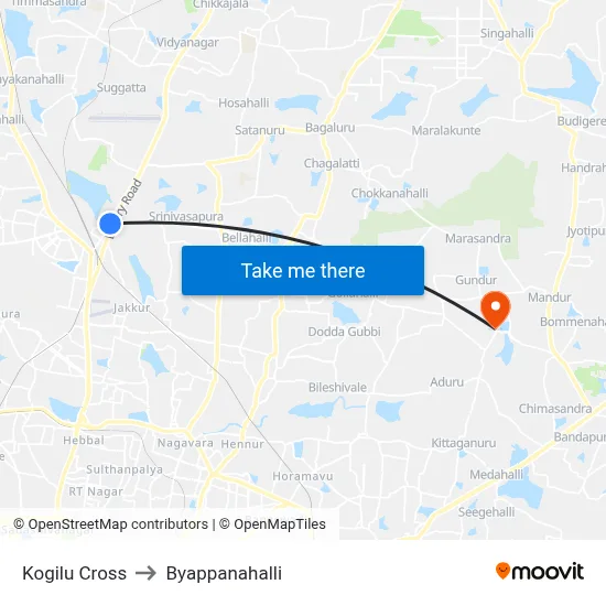 Kogilu Cross to Byappanahalli map