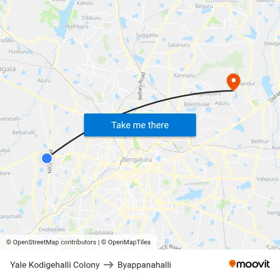 Yale Kodigehalli Colony to Byappanahalli map