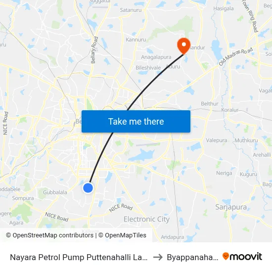 Nayara Petrol Pump Puttenahalli Lake to Byappanahalli map