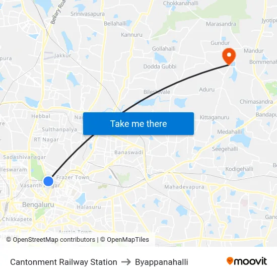 Cantonment Railway Station to Byappanahalli map