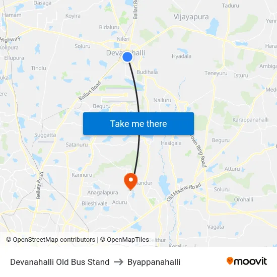 Devanahalli Old Bus Stand to Byappanahalli map