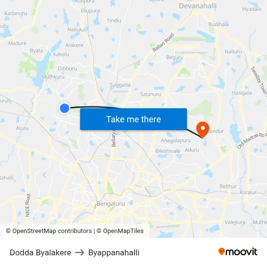 Dodda Byalakere to Byappanahalli map
