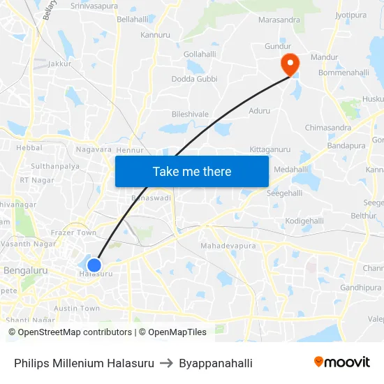 Philips Millenium Halasuru to Byappanahalli map