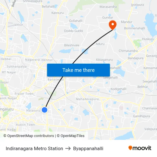 Indiranagara Metro Station to Byappanahalli map
