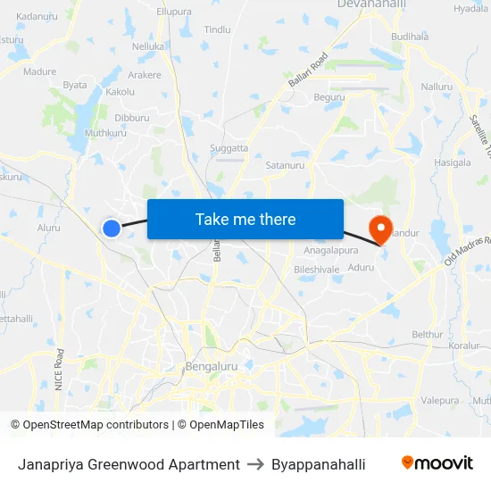Janapriya Greenwood Apartment to Byappanahalli map