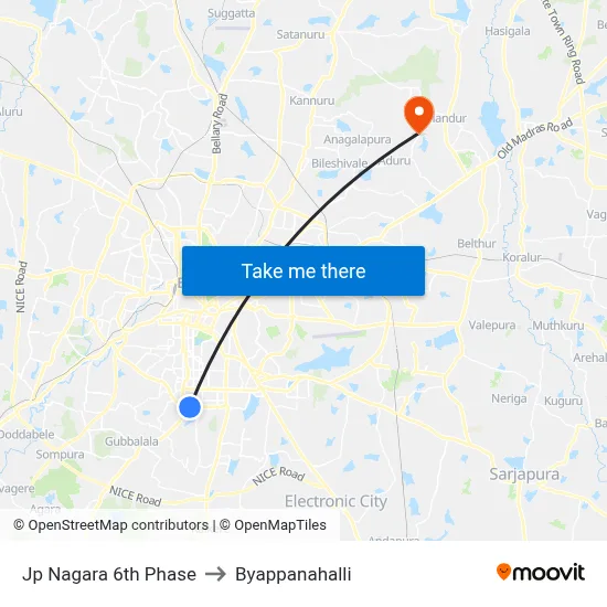 Jp Nagara 6th Phase to Byappanahalli map