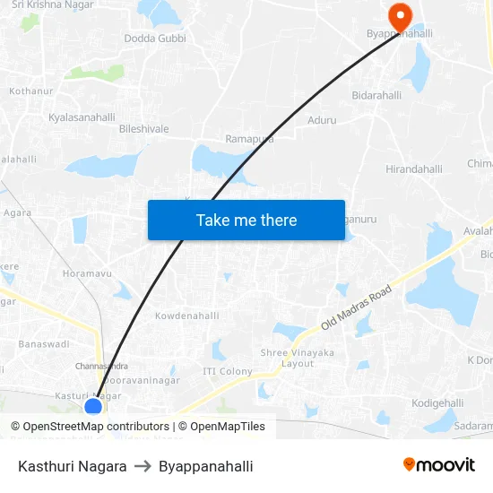 Kasthuri Nagara to Byappanahalli map