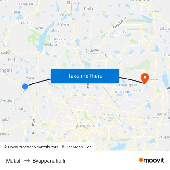 Makali to Byappanahalli map