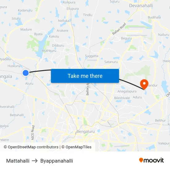 Mattahalli to Byappanahalli map