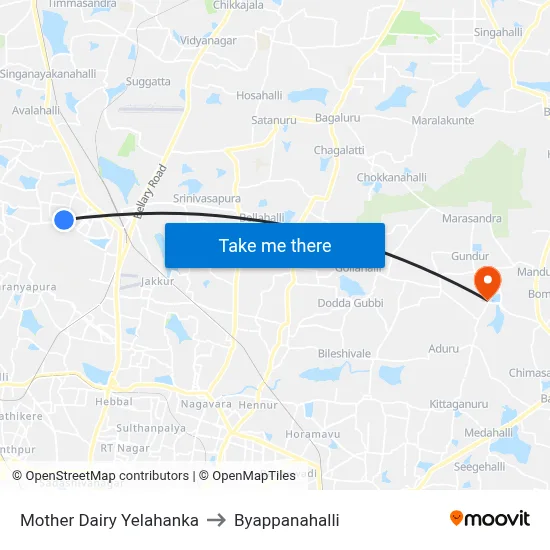 Mother Dairy Yelahanka to Byappanahalli map
