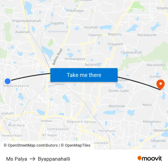 Ms Palya to Byappanahalli map