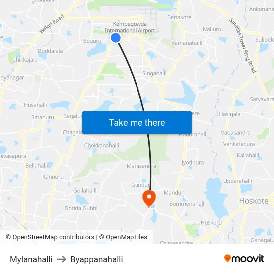 Mylanahalli to Byappanahalli map