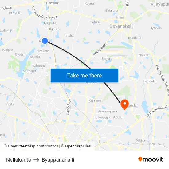 Nellukunte to Byappanahalli map