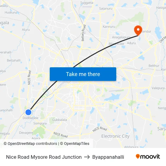 Nice Road Mysore Road Junction to Byappanahalli map