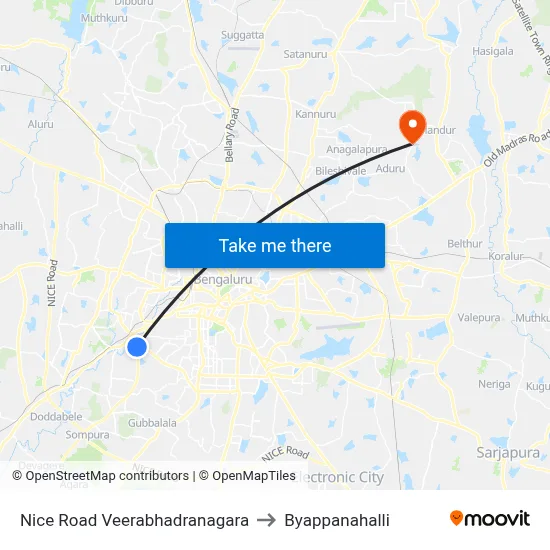 Nice Road Veerabhadranagara to Byappanahalli map