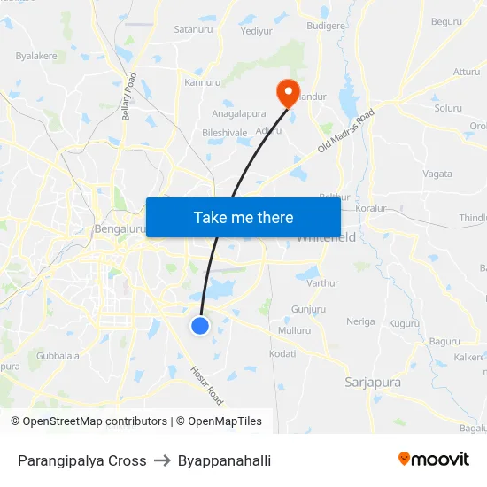 Parangipalya Cross to Byappanahalli map