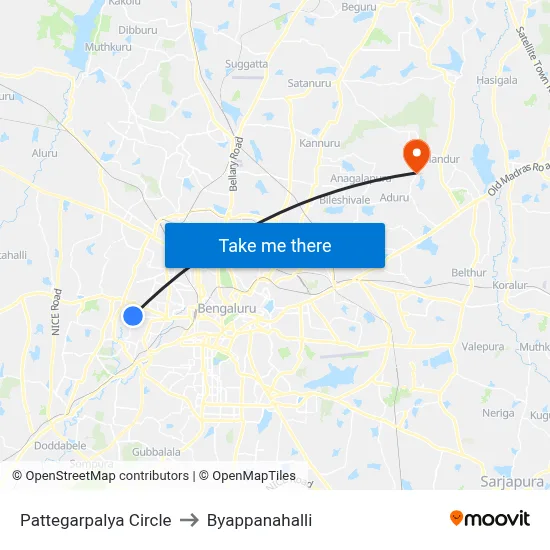 Pattegarpalya Circle to Byappanahalli map