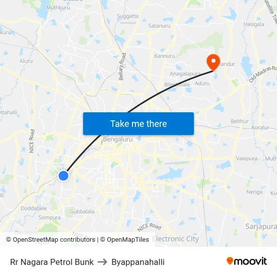 Rr Nagara Petrol Bunk to Byappanahalli map