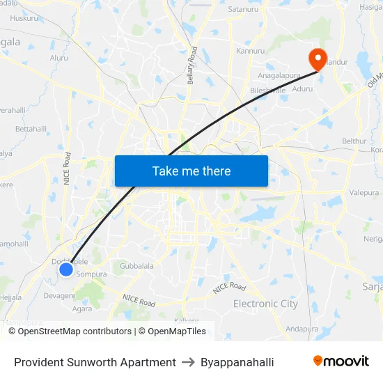 Provident Sunworth Apartment to Byappanahalli map