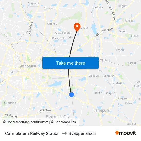 Carmelaram Railway Station to Byappanahalli map