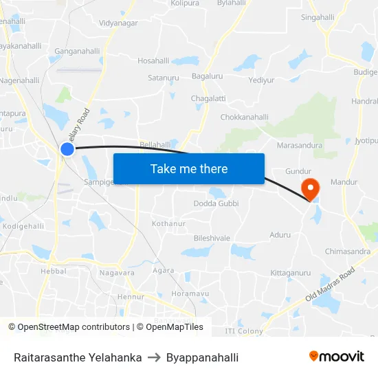 Raitarasanthe Yelahanka to Byappanahalli map