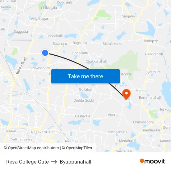 Reva College Gate to Byappanahalli map