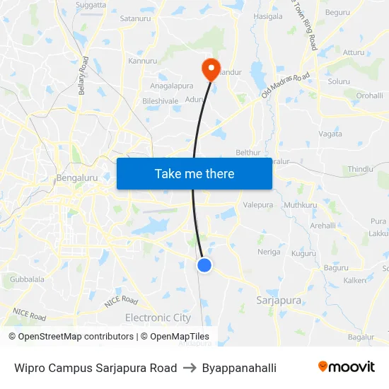 Wipro Campus Sarjapura Road to Byappanahalli map