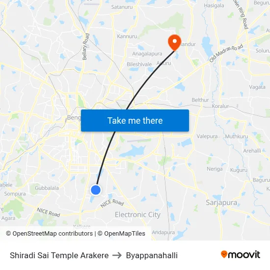 Shiradi Sai Temple Arakere to Byappanahalli map