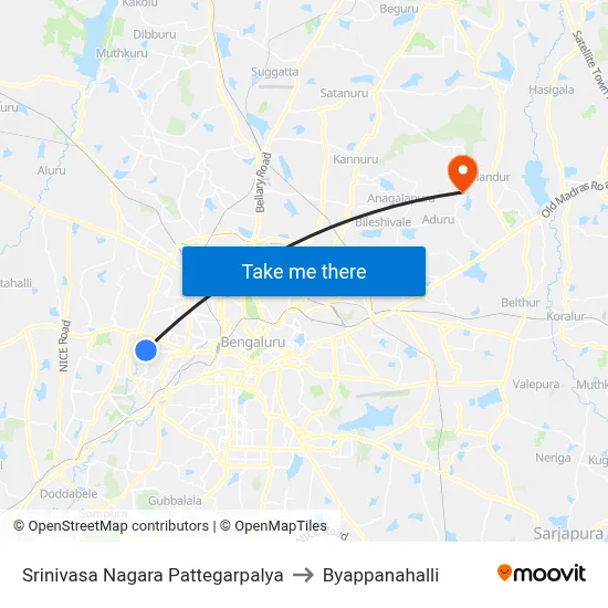 Srinivasa Nagara Pattegarpalya to Byappanahalli map