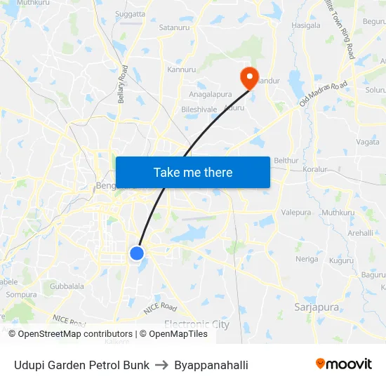 Udupi Garden Petrol Bunk to Byappanahalli map