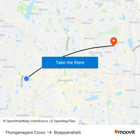 Thunganagara Cross to Byappanahalli map