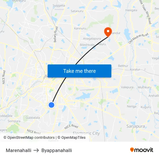 Marenahalli to Byappanahalli map