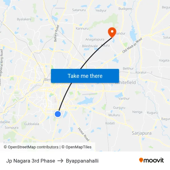 Jp Nagara 3rd Phase to Byappanahalli map