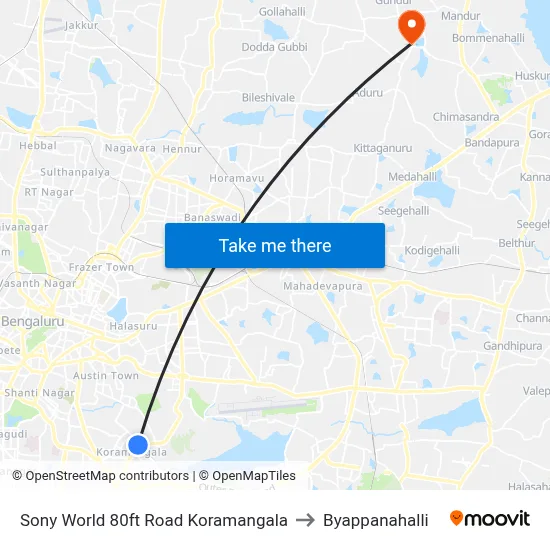 Sony World 80ft Road Koramangala to Byappanahalli map