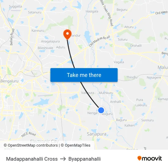 Madappanahalli Cross to Byappanahalli map